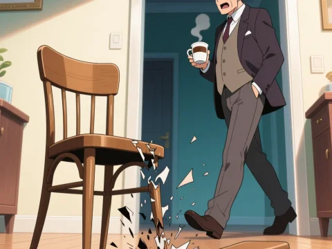 Stressed Man Accidentally Breaks Chair While Holding Coffee