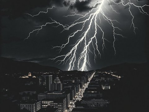 Striking Lightning Over Cityscape at Night