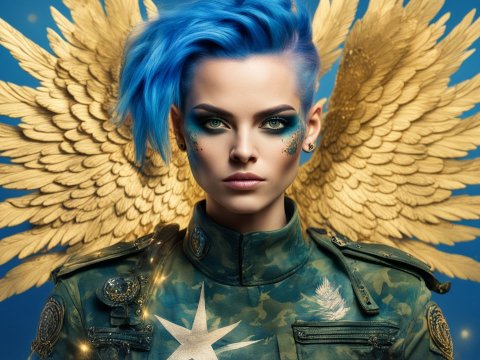 Striking Punk Angel with Blue Hair and Golden Wings