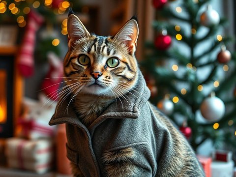Striped Cat Wearing a Cozy Jacket by Christmas Tree