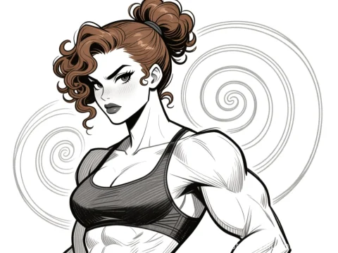 Strong Athletic Woman with Curly Hair in Graphic Style