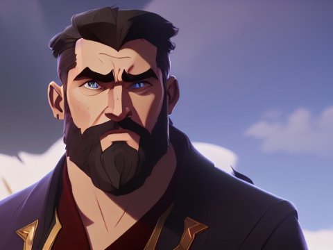Strong Bearded Man with Intense Gaze in Animated Style