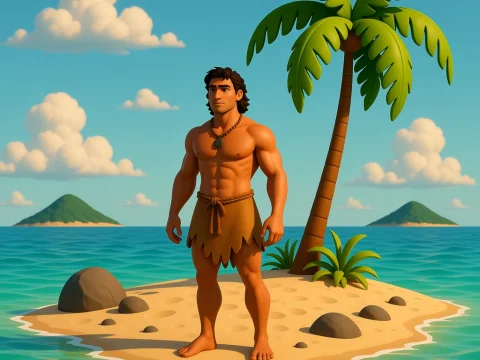 Strong Man Standing on a Deserted Island