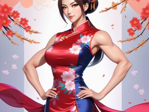 Strong Woman in Elegant Floral Cheongsam