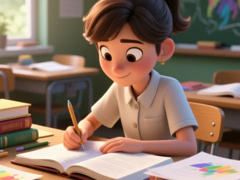 Student Focused on Homework in Classroom