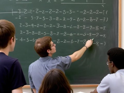 Students Solving Complex Math Problems on Chalkboard