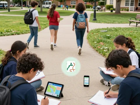 Students Studying and Exploring in a School Park
