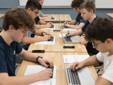 Students Using Laptops and Writing Notes in Classroom