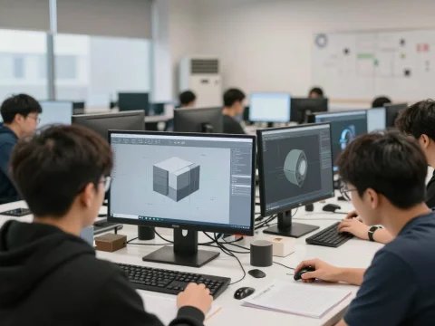 Students Working on 3D Modeling in a Classroom