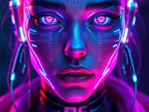 Stunning Cyberpunk Girl with Neon Facial Tech