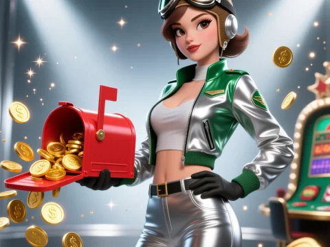 Stylish Aviatrix with Overflowing Gold Coins and Mailbox