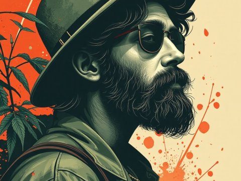 Stylish Bearded Man in Hat with Artistic Floral Background