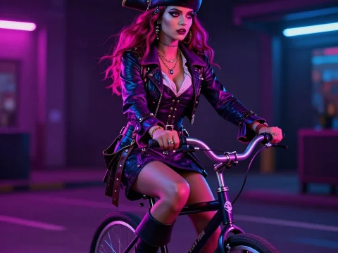 Stylish Black-Haired Pirate Riding a Bicycle in Neon Light