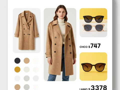 Stylish Camel Coat and Sunglasses Product Card