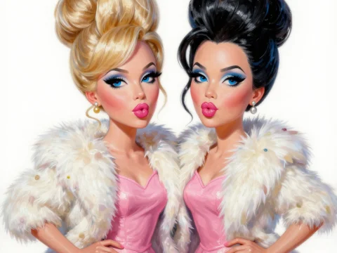 Stylish Caricature of Two Glamorous Women in Pink Dresses