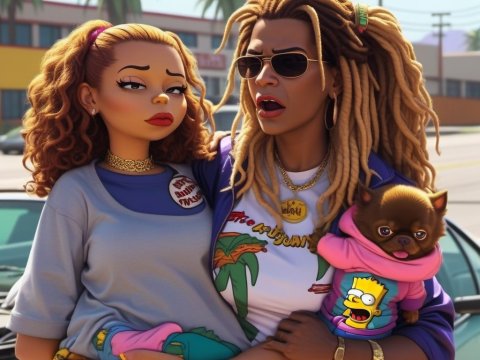 Stylish Duo with Adorable Dog in Vibrant Urban Setting