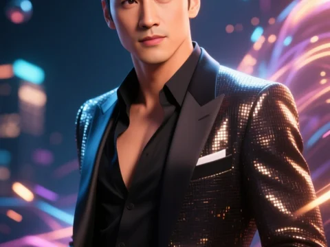 Stylish Male Celebrity in Shimmering Suit with Neon Lights