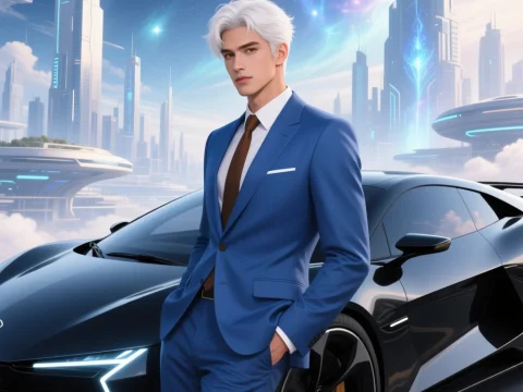 Stylish Man in Blue Suit with Futuristic Cityscape and Sports Car