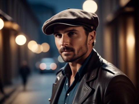 Stylish Man in Leather Jacket and Cap on City Street at Night
