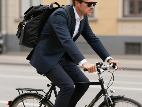 Stylish Man in Suit Riding Bicycle in Urban Setting