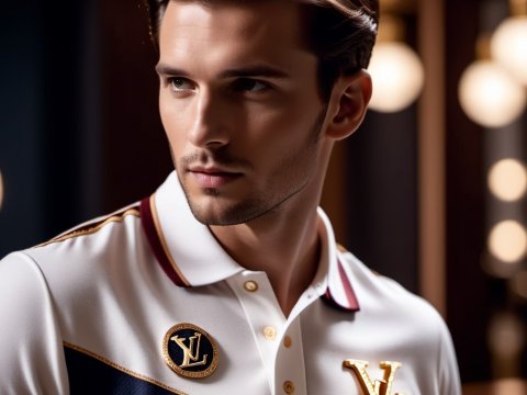 Stylish Man Wearing Designer Polo Shirt with Gold Accents