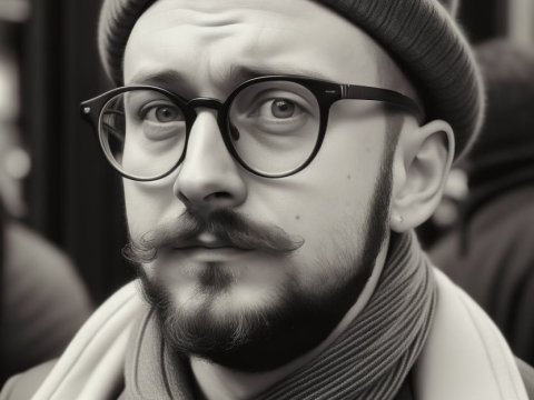 Stylish Man with Glasses and Mustache in Winter Attire