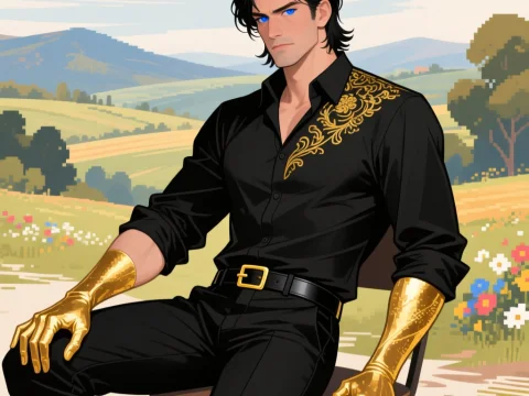 Stylish Man with Golden Gloves and Embroidered Shirt in Countryside