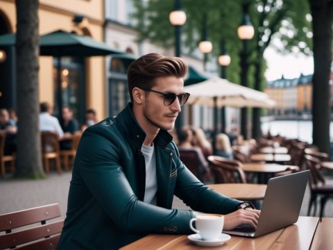 Stylish Man Working on Laptop at Outdoor Cafe