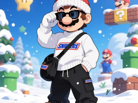 Stylish Mario in Snowy World with Snickers Outfit