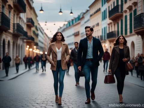 Stylish People Walking on a European City Street at Dusk