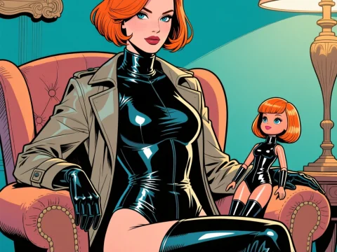 Stylish Redhead Woman and Doll in Shiny Latex Outfit