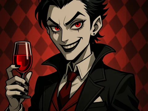 Stylish Vampire Character with Red Eyes Holding Wine Glass