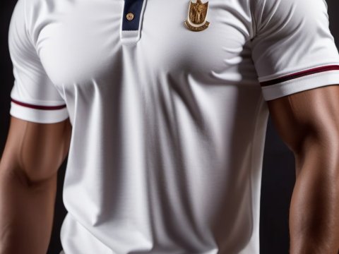 Stylish White Polo Shirt with Gold Emblem and Navy Accents