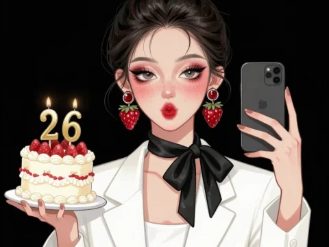 Stylish Woman Celebrating 26th Birthday with Cake and Selfie