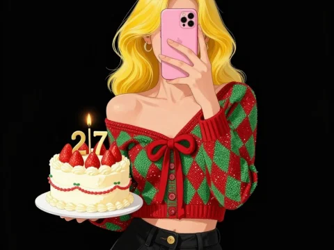 Stylish Woman Celebrating 27th Birthday with Cake