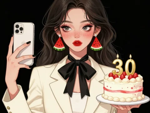 Stylish Woman Celebrating 30th Birthday with Cake and Selfie