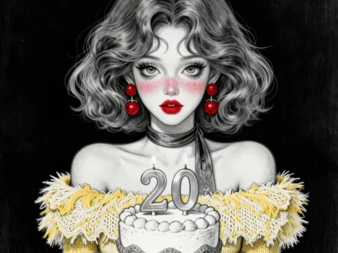 Stylish Woman Holding 20th Birthday Cake