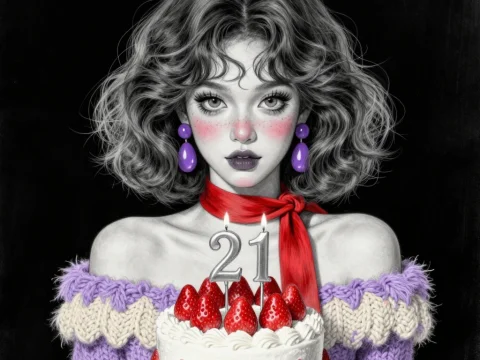 Stylish Woman Holding 21st Birthday Cake