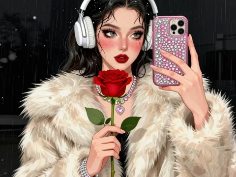 Stylish Woman in Fur Coat Holding Rose and Phone