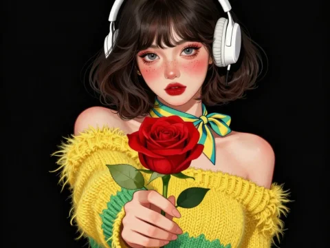 Stylish Woman Offering a Red Rose with Headphones