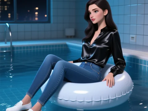Stylish Woman Relaxing on Pool Float at Night