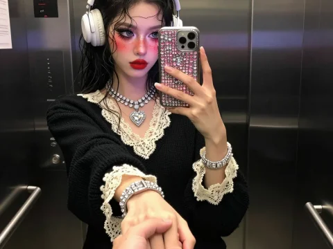 Stylish Woman Taking Elevator Selfie Holding Hand