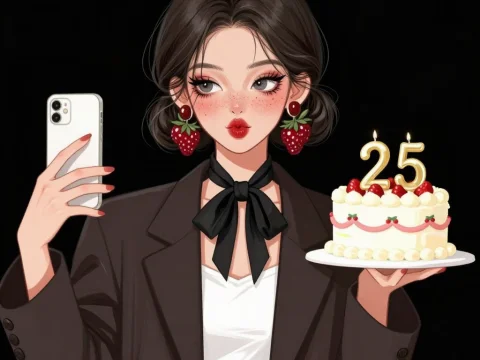Stylish Woman Taking Selfie with 25th Birthday Cake