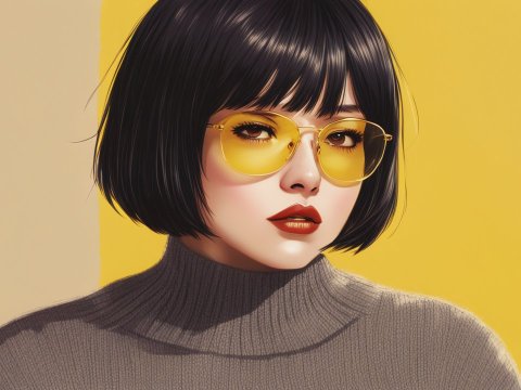 Stylish Woman with Short Black Hair and Yellow Sunglasses