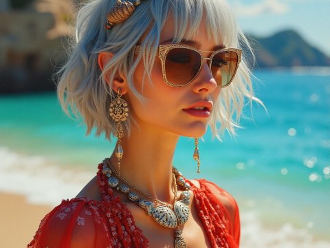Stylish Woman with Silver Hair and Beach Accessories