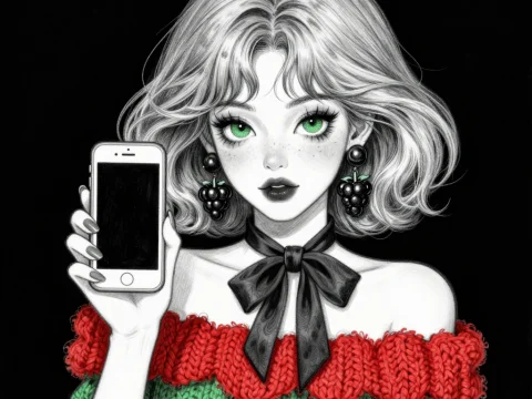 Stylish Woman with Smartphone in Red and Green Knitwear