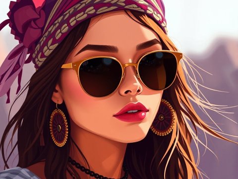 Stylish Woman with Sunglasses and Headscarf Digital Painting