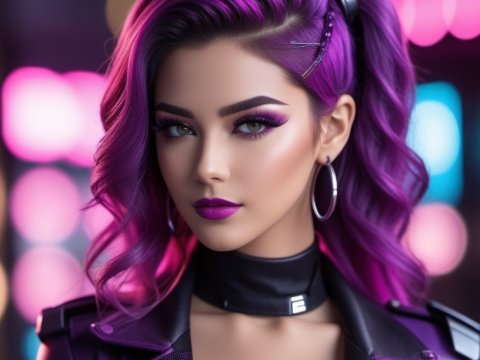 Stylish Woman with Vibrant Purple Hair and Futuristic Look