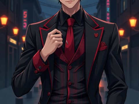 Stylish Young Man in Black and Red Suit Under Full Moon