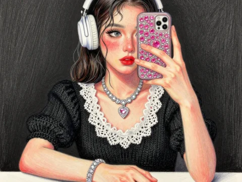 Stylish Young Woman Taking Selfie with Headphones